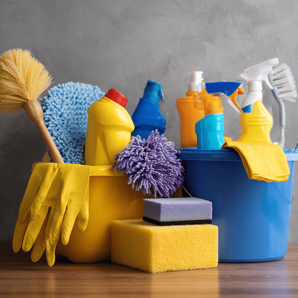 a bunch of cleaning supplies bucket, scrubs, sponges and cleaning solutions