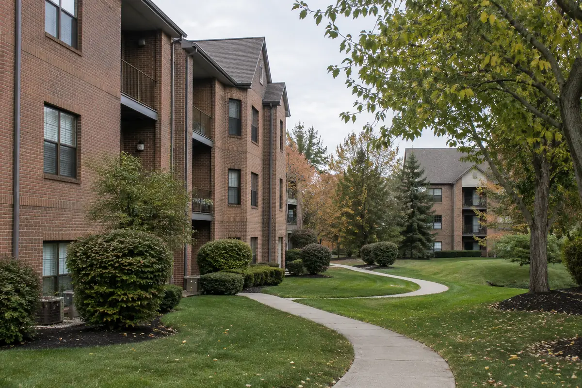 Apartment buildings on a landscaped path in Delaware County, Ohio