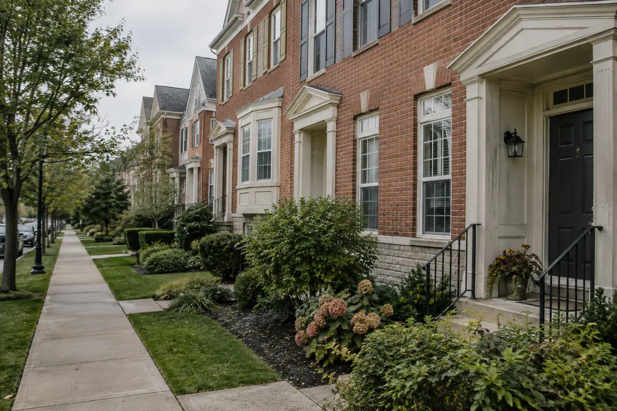 Row of brick townhomes in Delaware County, Ohio