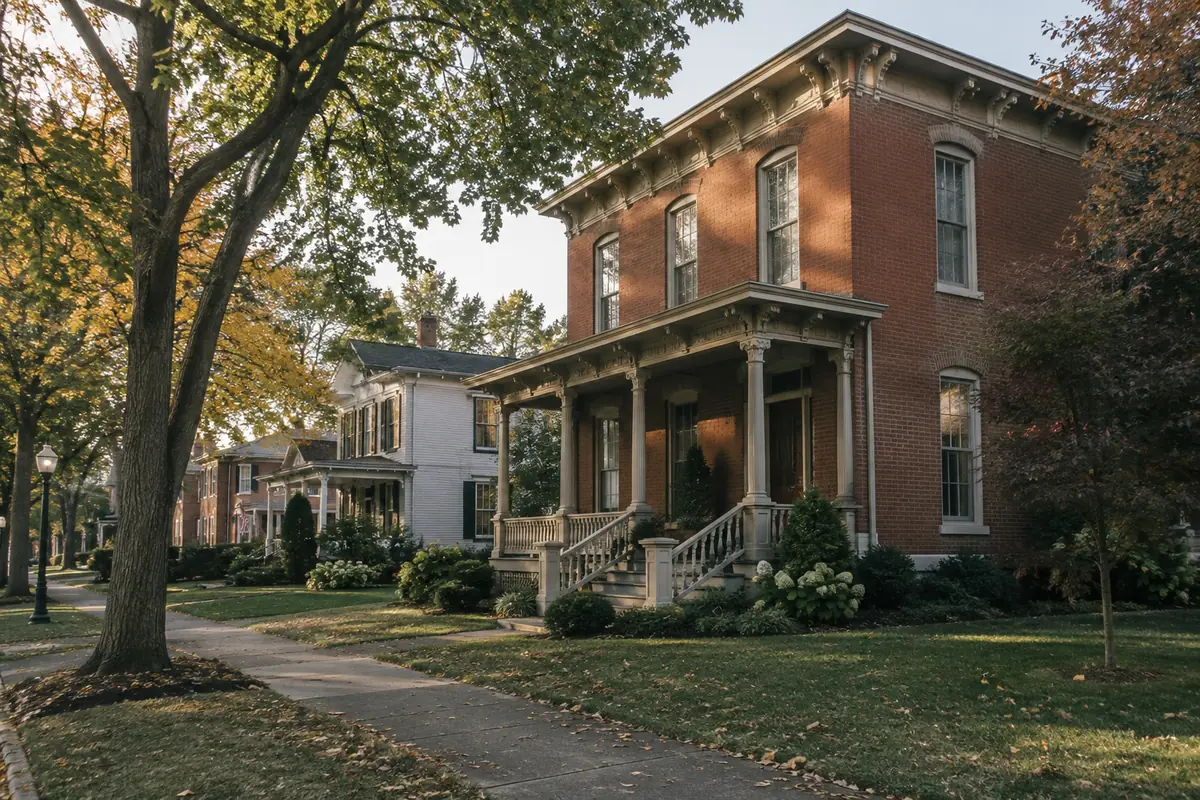 Historic brick home on a tree-lined street in Delaware, Ohio
