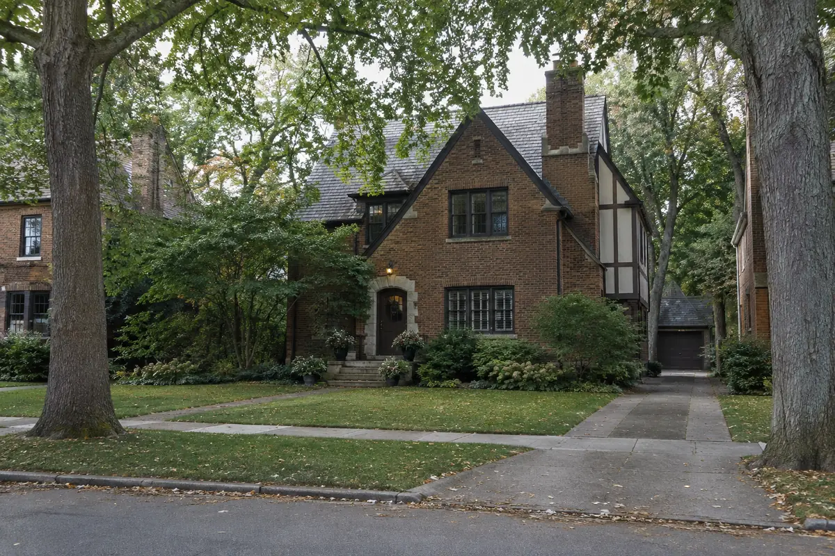 Brick Tudor home under mature trees in Franklin County, Ohio