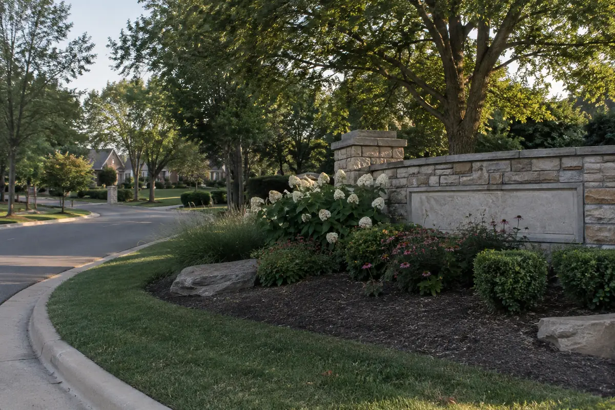 Neighborhood entrance with landscaping in Grandview Heights, Ohio