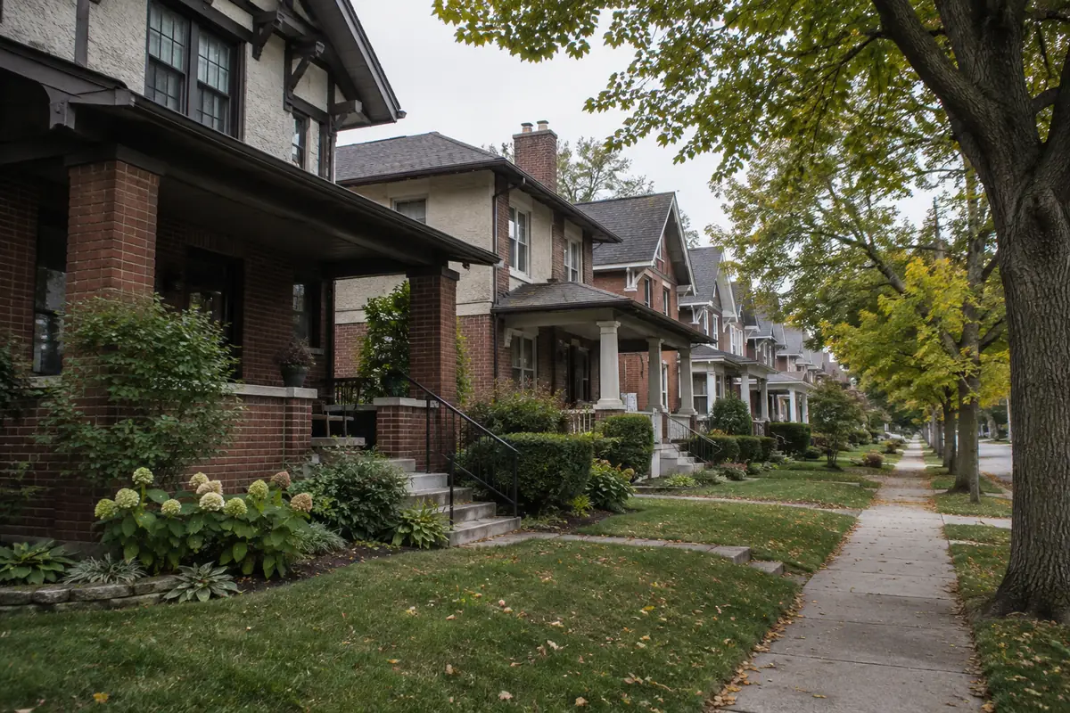 Brick homes on an established street in Powell, Ohio