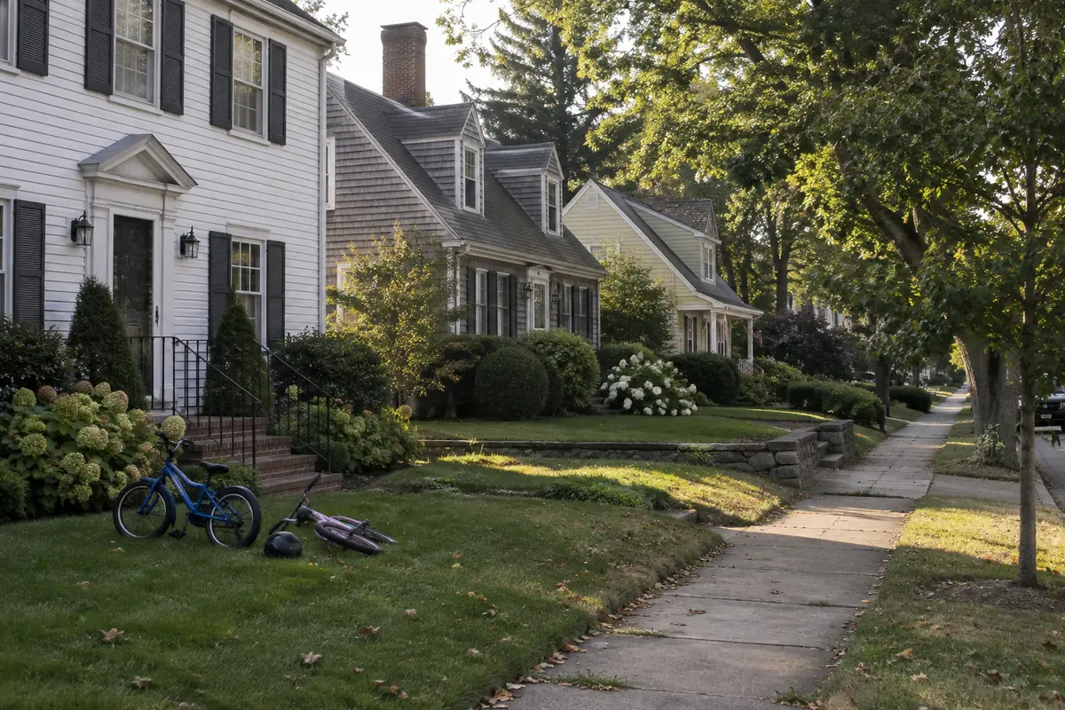 Cape Cod homes along a sidewalk in Powell, Ohio