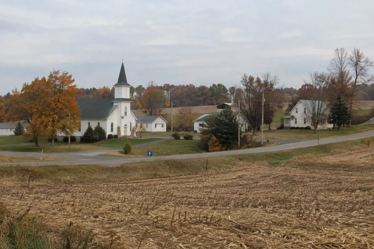 Country church and homes in Radnor, Ohio