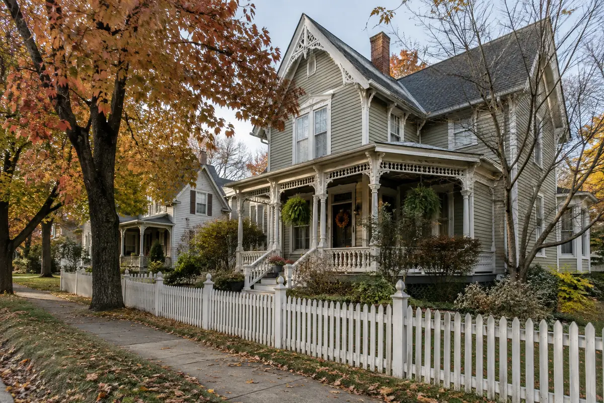 Victorian home behind a picket fence in Sunbury, Ohio
