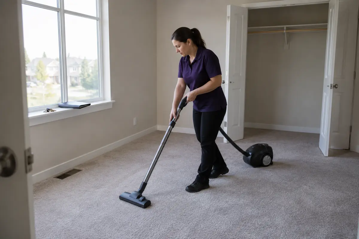 Central Ohio Clean cleaner vacuuming an empty bedroom during a move-out cleaning