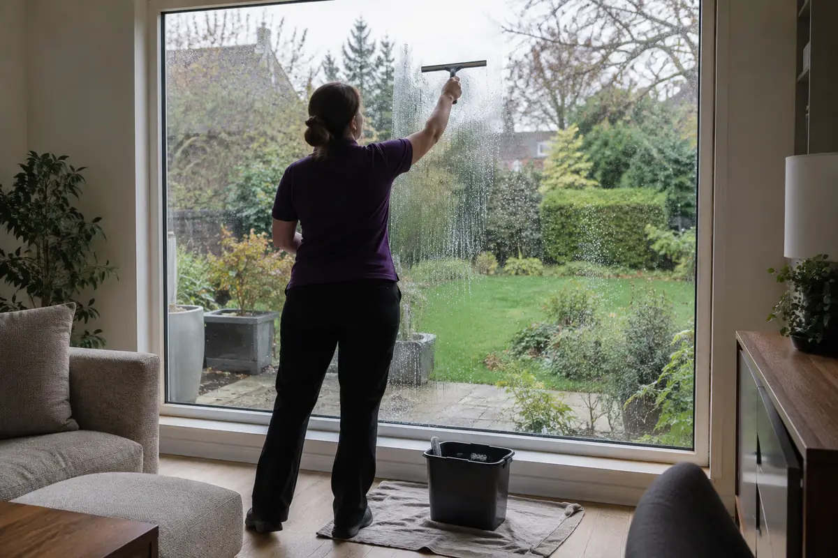Cleaner squeegeeing a large picture window from inside a living room
