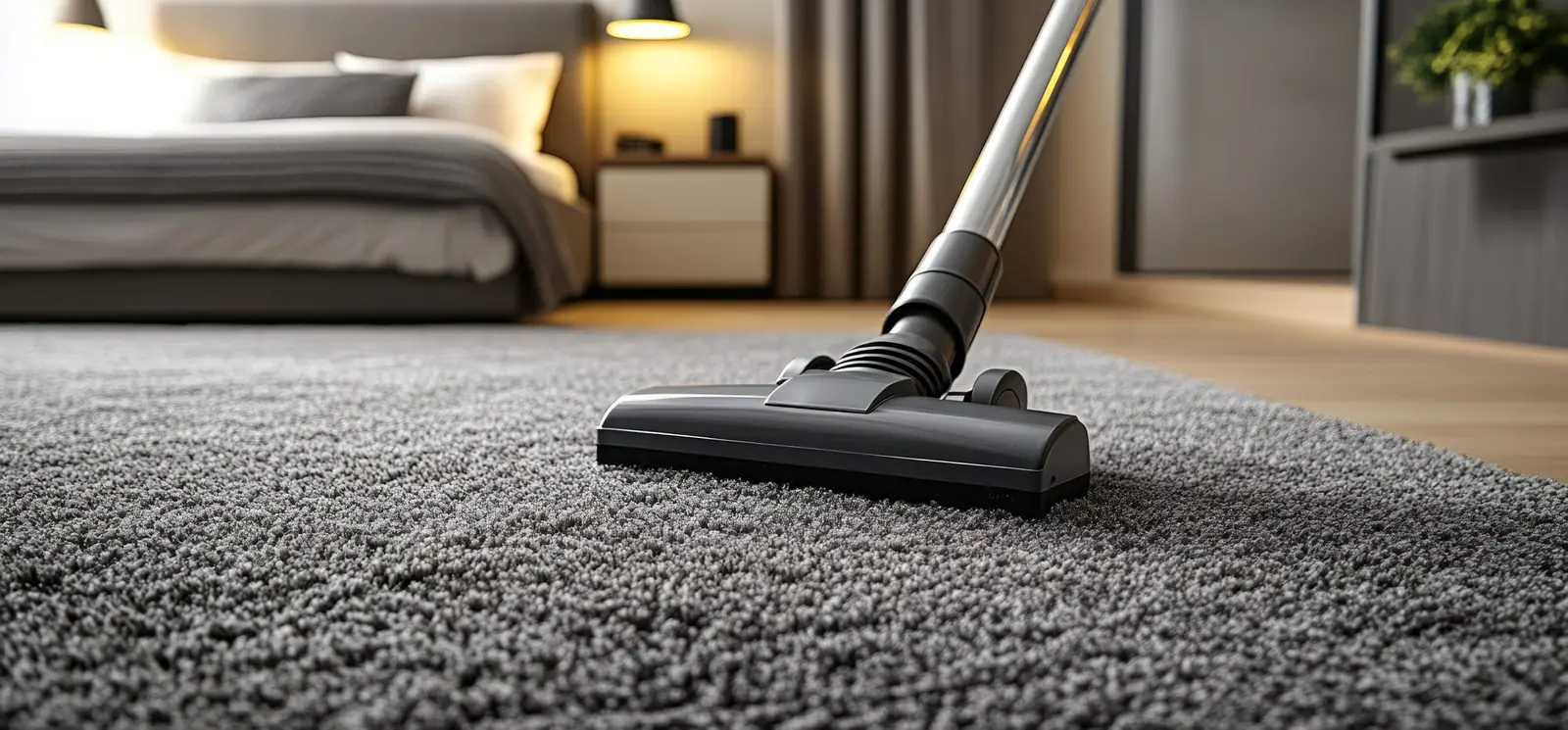 Vacuuming a carpet in a home