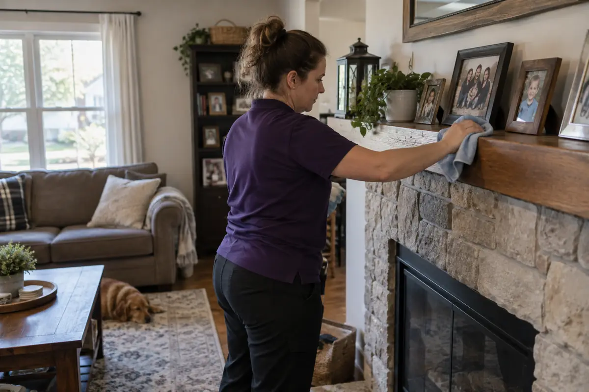 Dusting a fireplace mantel in a client's living room