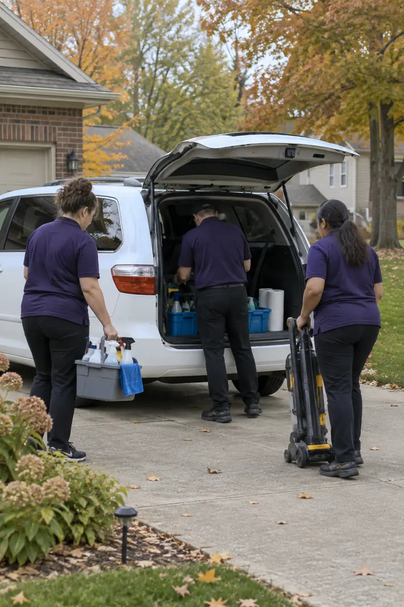Central Ohio Clean team unloading supplies at a client's home in Delaware, OH