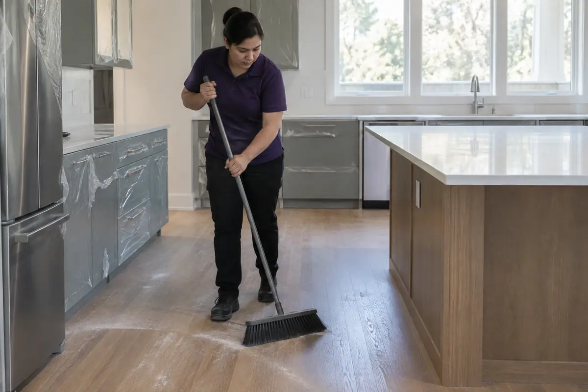 Cleaner sweeping construction dust off new hardwood floors in a finished kitchen in Delaware, OH