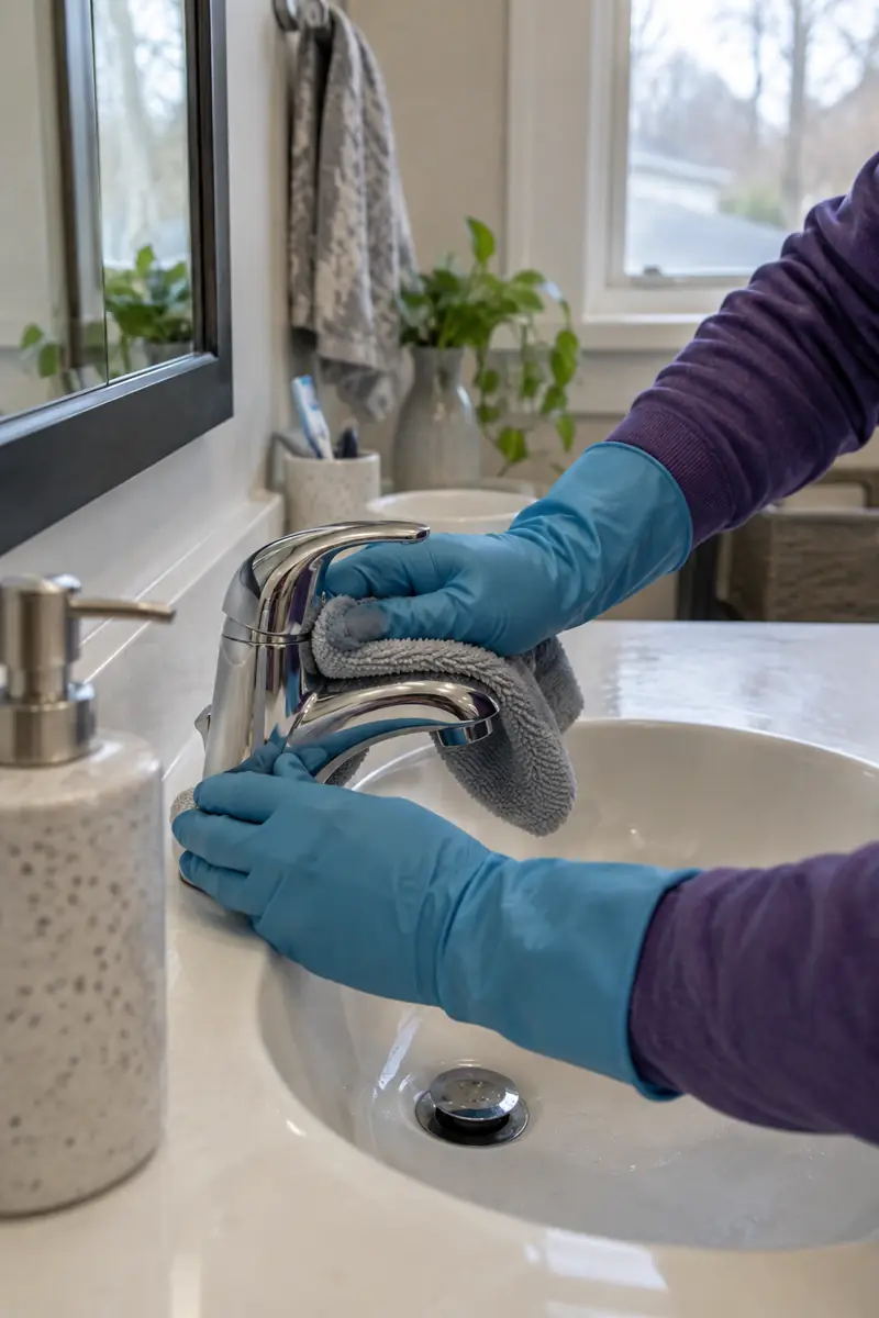 Polishing a bathroom faucet in Delaware, OH