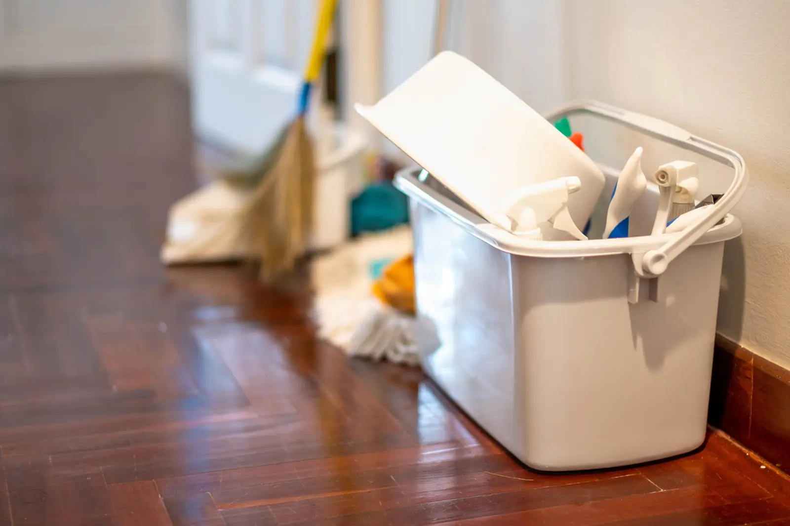 Bucket of cleaning supplies on a hardwood floor in Delaware, OH